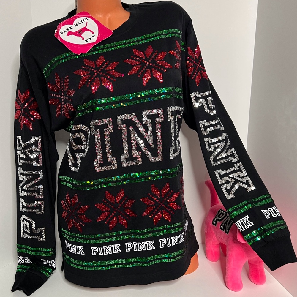 Victoria’s Secret PINK Logo XS S M L Sequin Long-sleeve Shirt Bling Christmas